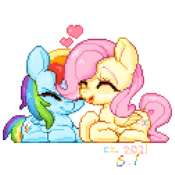 Size: 2523x2523 | Tagged: safe, artist:chengzi82020, imported from derpibooru, fluttershy, rainbow dash, pegasus, pony, digital art, eyes closed, female, flutterdash, heart, lesbian, lying down, mare, open mouth, pixel art, ponyloaf, prone, shipping, simple background, smiling, text, white background