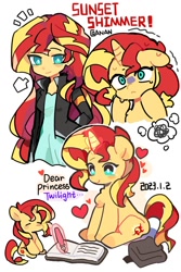 Size: 750x1125 | Tagged: safe, artist:anan9126, imported from derpibooru, sunset shimmer, human, pony, unicorn, equestria girls, bag, book, chibi, clothes, dear princess twilight, dread, dress, eyes closed, female, heart, horn, human ponidox, jacket, mare, pen, saddle bag, self paradox, self ponidox, simple background, sitting, smiling, sweat, text, white background