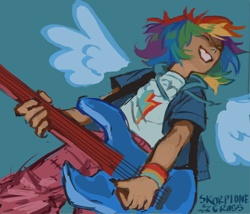 Size: 1016x871 | Tagged: safe, artist:skorpionegrass, imported from derpibooru, rainbow dash, human, blue background, electric guitar, guitar, humanized, left handed, musical instrument, simple background, solo