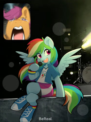 Size: 1358x1811 | Tagged: safe, artist:oofycolorful, imported from derpibooru, rainbow dash, scootaloo, pegasus, semi-anthro, bereal., clothes, crying, drum kit, drums, equestria girls outfit, female, lights, meme, microphone, musical instrument, picture-in-picture, ponified meme, screaming, shoes, singing, tears of joy