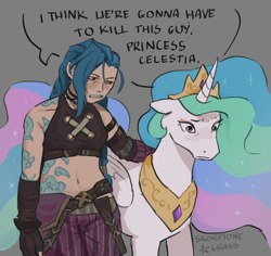 Size: 2048x1930 | Tagged: safe, artist:skorpionegrass, imported from derpibooru, princess celestia, alicorn, human, arcane, crossover, duo, gray background, i think we're gonna have to kill this guy, jinx (league of legends), league of legends, meme, simple background
