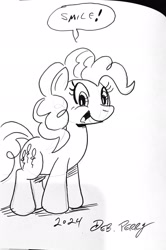 Size: 1589x2388 | Tagged: safe, artist:debmervin, imported from derpibooru, pinkie pie, earth pony, pony, black and white, grayscale, monochrome, solo, traditional art, word bubble