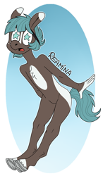 Size: 1127x1931 | Tagged: safe, artist:reamina, imported from derpibooru, oc, oc only, anthro, earth pony, unguligrade anthro, featureless crotch, gradient background, nudity, solo, starry eyes, wingding eyes