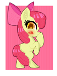 Size: 1200x1590 | Tagged: safe, artist:scandianon, imported from derpibooru, apple bloom, earth pony, pony, blushing, female, filly, foal, hoof over mouth, looking at you, patterned background, pose, raised hoof, rearing, smiling