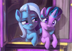 Size: 2100x1483 | Tagged: safe, artist:grissaecrim, artist:kjara-grissaecrim, imported from derpibooru, starlight glimmer, trixie, pony, unicorn, road to friendship, cute, diatrixes, duo, duo female, female, glimmerbetes, glowing, glowing horn, horn, hug, looking at each other, looking at someone, magic, magic aura, mare, scene interpretation, smiling, trixie's wagon, wagon, wrong eye color