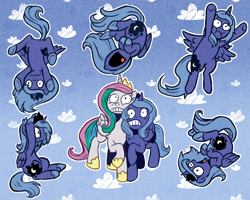 Size: 1280x1024 | Tagged: safe, artist:qswomozi, imported from derpibooru, princess celestia, princess luna, alicorn, pony, cloud, falling, female, flying, open mouth, outline, patterned background, royal sisters, scared, siblings, sisters, teenager, white outline, young celestia, young luna, younger