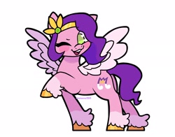 Size: 2048x1602 | Tagged: safe, alternate version, artist:micahpony124, imported from derpibooru, pipp petals, pegasus, pony, adorapipp, blush sticker, blushing, cute, female, g5, heart, heart eyes, looking at you, mare, one eye closed, open mouth, open smile, raised hoof, signature, simple background, smiling, solo, spread wings, tail, unshorn fetlocks, white background, wingding eyes, wings, wink, winking at you