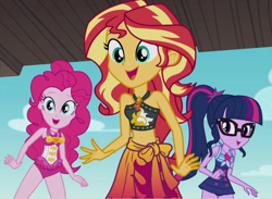 Size: 869x636 | Tagged: safe, imported from derpibooru, screencap, pinkie pie, sci-twi, sunset shimmer, twilight sparkle, equestria girls, equestria girls series, x marks the spot, bare shoulders, belly button, best friends, bikini, bikini top, clothes, cute, diapinkes, female, geode of empathy, geode of sugar bombs, geode of telekinesis, glasses, jewelry, magical geodes, my little pony equestria girls: better together, necklace, one-piece swimsuit, open mouth, open smile, pinkie pie swimsuit, sarong, sci-twi swimsuit, sci-twiabetes, shimmerbetes, sleeveless, smiling, sunset shimmer swimsuit, swimsuit, trio, trio female, wrist cuff