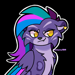 Size: 1280x1280 | Tagged: safe, artist:micahpony124, imported from derpibooru, big cat, leopard, snow leopard, adorallura, allura, aq bars, black background, chest fluff, ear piercing, fangs, female, folded wings, g5, looking sideways, piercing, signature, simple background, smiling, smirk, solo, wings
