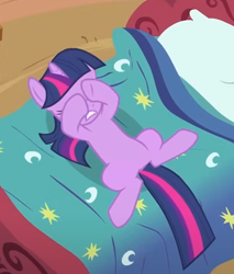 Size: 394x463 | Tagged: safe, imported from derpibooru, screencap, twilight sparkle, pony, unicorn, lesson zero, season 2, bed, belly, cropped, golden oaks library, hooves on face, lying down, on back, solo, unicorn twilight