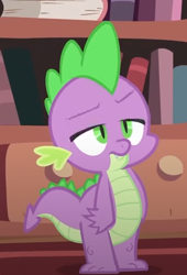 Size: 338x498 | Tagged: safe, imported from derpibooru, screencap, spike, dragon, lesson zero, season 2, annoyed, cropped, fangs, frown, golden oaks library, lidded eyes, male, solo, spike is not amused, unamused