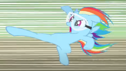 Size: 909x517 | Tagged: safe, imported from derpibooru, screencap, rainbow dash, pegasus, pony, lesson zero, season 2, belly, cropped, flying kick, goggles, open mouth, solo