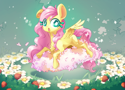 Size: 4252x3071 | Tagged: safe, artist:cutepencilcase, imported from derpibooru, fluttershy, butterfly, pegasus, pony, the cutie mark chronicles, :o, cute, female, filly, filly fluttershy, flower, open mouth, shyabetes, solo, spread wings, wings, younger
