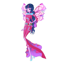 Size: 2780x2780 | Tagged: safe, artist:machakar52, imported from derpibooru, sci-twi, twilight sparkle, fairy, human, equestria girls, alternate hairstyle, clothes, colored wings, crossover, cutie mark on human, fairy wings, fairyized, flower, glowing, glowing wings, hand on hip, high heels, jewelry, looking at you, multicolored wings, necklace, onyrix, purple wings, shoes, simple background, smiling, smiling at you, sparkly wings, transparent background, wings, winx, winx club, winxified, world of winx