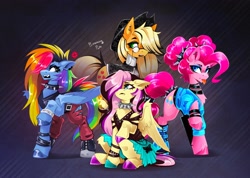 Size: 2560x1824 | Tagged: safe, artist:buvanybu, imported from derpibooru, applejack, fluttershy, pinkie pie, rainbow dash, pegasus, pony, choker, clothes, dyed mane, dyed tail, ear piercing, glasses, goth, hair over one eye, hat, hoof polish, jacket, open mouth, pants, piercing, punk, skirt, spiked choker, spiked wristband, tail, tongue out, wristband