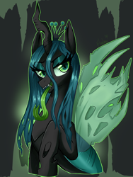 Size: 3000x4000 | Tagged: safe, artist:floralshitpost, imported from derpibooru, queen chrysalis, changeling, eyeshadow, fangs, forked tongue, lidded eyes, long tongue, makeup, open mouth, tongue out, torn wings, wings