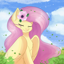Size: 1500x1500 | Tagged: safe, artist:maravor, imported from derpibooru, fluttershy, pegasus, pony, chest fluff, cloud, cute, eyes closed, female, flower, flower in hair, large wings, mare, shyabetes, smiling, solo, wings