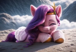 Size: 1216x832 | Tagged: safe, imported from derpibooru, pipp petals, pegasus, pony, ^^, adorapipp, ai content, ai generated, crown, cute, ear fluff, eyes closed, fluffy, fog, g5, generator:stable diffusion, jewelry, looking at you, lying down, prompter:kluknawa235, regalia, smiling, smiling at you, solo, weapons-grade cute