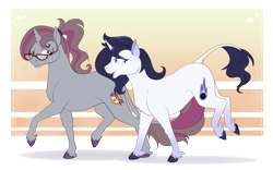 Size: 1681x1050 | Tagged: safe, artist:housho, imported from derpibooru, oc, oc only, oc:comet trail, oc:helix spiral, classical unicorn, unicorn, cloven hooves, couple, glasses, gradient background, horn, leonine tail, oc x oc, ponysona, ponytail, shipping, tail, unshorn fetlocks, walking