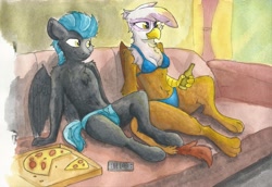 Size: 6850x4713 | Tagged: safe, artist:pzkratzer, imported from derpibooru, gilda, thunderlane, anthro, bear, griffon, belly button, bikini, blue bikini, clothes, couch, drink, drinking, duo, duo male and female, eating, female, food, gildalane, looking at each other, looking at someone, male, pizza, pizza box, remote control, shipping, sitting, speedo, straight, sunset, swimsuit, traditional art, underwear, watching tv, watercolor painting