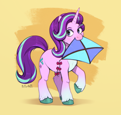 Size: 4373x4151 | Tagged: safe, artist:birdoffnorth, imported from derpibooru, starlight glimmer, pony, unicorn, colored hooves, female, hoof fluff, horn, kite, mare, mouth hold, raised hoof, solo, that pony sure does love kites, unshorn fetlocks