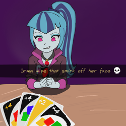 Size: 2048x2048 | Tagged: safe, artist:spookysocks, imported from derpibooru, sonata dusk, equestria girls, meme, meme template, moments before disaster, smiling, smirk, solo, uno