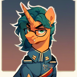 Size: 768x768 | Tagged: safe, imported from derpibooru, unicorn, ai content, ai generated, clothes, commission, fangs, generator:pony diffusion v6 xl, generator:stable diffusion, glasses, gradient background, horn, military uniform, prompter:radioglitch, solo, uniform