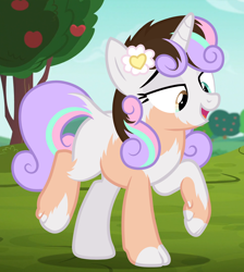 Size: 2152x2400 | Tagged: safe, artist:anonymous, imported from derpibooru, sweetie belle, human, pony, unicorn, /ptfg/, apple, apple tree, blank flank, brown hair, dark brown hair, eye color change, female, fingernails, flower, flower in hair, food, heterochromia, horn, human to pony, kinsona, light skin, mare, mid-transformation, older, older sweetie belle, open mouth, open smile, outdoors, show accurate, smiling, solo, toenails, transformation, tree