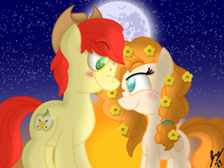 Size: 2160x1620 | Tagged: safe, artist:jesslmc16, imported from derpibooru, bright mac, pear butter, earth pony, apple, brightbutter, buttercup, couple, digital art, duo, duo male and female, female, flower, flower in hair, food, freckles, looking at each other, looking at someone, love, male, mare, mare in the moon, moon, pear, relationship, shipping, signature, smiling, smiling at each other, stallion, stars, straight, sunset
