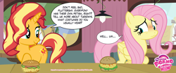 Size: 4236x1773 | Tagged: safe, artist:andoanimalia, editor:wild stallions, imported from derpibooru, fluttershy, sunset shimmer, pegasus, pony, unicorn, comic:the first incestuous foal of sunset shimmer, my little porno: friendship with benefits, advertisement, blushing, burger, duo, duo female, embarrassed, explicit source, female, food, hay burger, horn, mare, oat burger, oatburger, oats, patreon, patreon preview, preview, wavy mouth