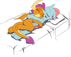 Size: 1702x1370 | Tagged: safe, artist:nauyaco, color edit, edit, imported from derpibooru, ocellus, smolder, changedling, changeling, dragon, bed, colored, cuddling, cute, diaocelles, dragoness, duo, duo female, eyes closed, female, lesbian, lying down, on bed, shipping, simple background, smolcellus, smolderbetes, snuggling, white background