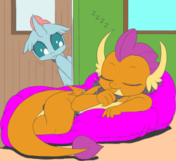 Size: 1718x1568 | Tagged: safe, artist:nauyaco, color edit, edit, imported from derpibooru, ocellus, smolder, changedling, changeling, dragon, beanbag chair, caught, colored, dragoness, duo, duo female, female, lesbian, onomatopoeia, shipping, sleeping, smolcellus, sound effects, stifling laughter, thumb sucking, zzz
