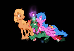 Size: 640x447 | Tagged: safe, artist:nightprince-art, imported from derpibooru, applejack (g1), firefly, fizzy, earth pony, pegasus, pony, unicorn, black background, blue mane, blue tail, bow, g1, glowing, glowing horn, green coat, horn, looking at each other, looking at someone, looking up, multicolored mane, multicolored tail, orange coat, orange eyes, orange mane, piggyback ride, purple coat, purple eyes, red eyes, simple background, smiling, sparkles, surprised face, tail, tail bow, unshorn fetlocks, wings, wings down