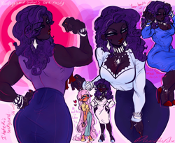 Size: 2048x1677 | Tagged: safe, artist:rare-apples, imported from derpibooru, fluttershy, rarity, human, blushing, clothes, dark skin, dress, ear piercing, earring, female, high heels, humanized, jewelry, muscles, muscular female, necklace, piercing, ripped rarity, shirt, shoes, skirt