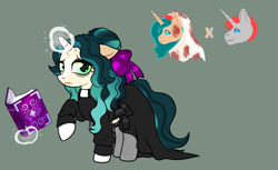 Size: 1280x783 | Tagged: safe, artist:malinraf1615, imported from derpibooru, oc, oc only, pony, unicorn, book, clothes, female, green background, horn, mare, simple background, solo