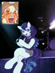 Size: 1500x2000 | Tagged: safe, artist:pinxpony, imported from derpibooru, applejack, coloratura, earth pony, semi-anthro, bereal., blushing, clothes, drum kit, drums, eyes closed, female, lights, mare, meme, microphone, musical instrument, picture-in-picture, ponified meme, screaming, shirt, singing, sitting, skirt, stage, teeth