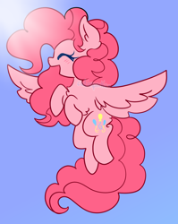 Size: 1444x1816 | Tagged: safe, artist:cutiesparke, imported from derpibooru, pinkie pie, pegasus, pony, :d, ^^, arm fluff, blue sky, chest fluff, ear fluff, eyes closed, female, flying, open mouth, open smile, pegasus pinkie pie, race swap, raised hoof, sky, smiling, solo, spread wings, wings