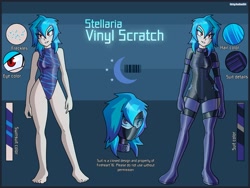 Size: 2500x1875 | Tagged: safe, artist:devillustart, imported from derpibooru, dj pon-3, vinyl scratch, oc, oc:vinyl scratch(prisoners of the moon), human, equestria girls, clothes, fireheart76's latex suit design, freckles, gloves, humanized, latex, latex boots, latex gloves, latex suit, prisoners of the moon, reference sheet, rubber, rubber suit
