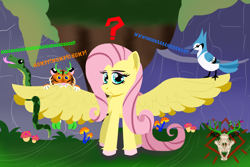 Size: 1200x800 | Tagged: safe, artist:thornygiggles, imported from derpibooru, fluttershy, big cat, bird, blue jay, pegasus, pony, snake, tiger, female, large wings, looking at you, mare, question mark, solo, spread wings, unshorn fetlocks, wings