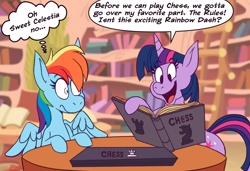 Size: 2102x1435 | Tagged: safe, artist:megadrivesonic, imported from derpibooru, rainbow dash, twilight sparkle, pegasus, pony, unicorn, :s, book, chess, clip studio paint, dialogue, digital art, duo, duo female, female, golden oaks library, mare, nerd, open mouth, open smile, rulebook, shrunken pupils, signature, smiling, speech bubble, table, thought bubble, unicorn twilight, wavy mouth