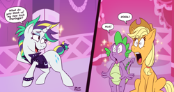 Size: 3749x1984 | Tagged: safe, artist:megadrivesonic, imported from derpibooru, applejack, rarity, spike, dragon, earth pony, pony, unicorn, 2 panel comic, adult, alternate hairstyle, arm behind head, blushing, carousel boutique, child, clip studio paint, clothes, comic, darling, dialogue, digital art, female, floating heart, gasp, heart, high res, horn, jacket, jaw drop, male, mare, open mouth, open smile, punk, raripunk, shipping, shrunken pupils, smiling, sparity, sparkles, speech bubble, straight, tail, tail band, trio, trio male and female, wide eyes, wristband