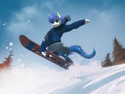 Size: 2048x1536 | Tagged: safe, artist:hichieca, imported from derpibooru, oc, oc only, semi-anthro, unicorn, clothes, horn, scarf, snow, snowboard, snowboarding, solo, tree, unicorn oc