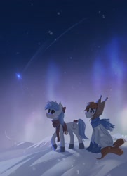 Size: 1485x2048 | Tagged: safe, artist:hichieca, imported from derpibooru, oc, oc only, pegasus, pony, unicorn, clothes, duo, horn, night, pegasus oc, scarf, shooting star, snow, snowfall, unicorn oc, wings