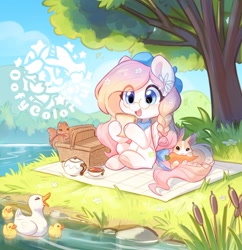 Size: 800x825 | Tagged: safe, artist:oofycolorful, imported from derpibooru, bird, duck, pegasus, pony, squirrel, basket, braid, carrot, cup, eating, food, glasses, picnic basket, picnic blanket, sandwich, solo, teacup, teapot, tree, water