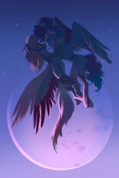 Size: 1369x2048 | Tagged: safe, artist:hichieca, imported from derpibooru, oc, oc only, pegasus, pony, commission, duo, moon, pegasus oc, stars, wings, ych result