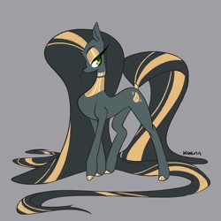 Size: 3000x3000 | Tagged: safe, artist:kaenn, imported from derpibooru, oc, oc only, oc:golden tears, earth pony, pony, earth pony oc, gray background, impossibly long mane, long mane, long tail, simple background, slender, solo, tail, thin