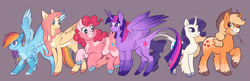 Size: 2048x662 | Tagged: safe, alternate version, artist:churrokat, imported from derpibooru, applejack, fluttershy, pinkie pie, rainbow dash, rarity, twilight sparkle, alicorn, classical unicorn, earth pony, pegasus, pony, unicorn, alternate color palette, alternate design, alternate tailstyle, applejack's hat, applejacked, back fluff, blaze (coat marking), blonde mane, blonde tail, blue coat, blue eyes, body freckles, butt fluff, chest fluff, chubby, cloven hooves, coat markings, colored, colored belly, colored ears, colored eartips, colored hooves, colored horn, colored muzzle, colored wings, colored wingtips, cowboy hat, curly mane, curly tail, curved horn, determined look, eyelashes, facial markings, female, flat colors, fluffy, freckles, gradient ears, gradient horn, gradient wings, green eyes, hat, height difference, horn, jumping, large wings, leg fluff, leg freckles, leonine tail, long horn, long legs, long mane, long tail, looking down, mane six, mare, mealy mouth (coat marking), motion lines, multicolored hair, multicolored mane, multicolored tail, muscles, narrowed eyes, one eye closed, orange coat, pale belly, partially open wings, physique difference, pink coat, pink eyes, pink mane, pink tail, ponytail, purple background, purple coat, purple eyes, purple mane, purple tail, rainbow hair, rainbow tail, redesign, ringlets, signature, simple background, smiling, smoldash, socks (coat markings), sparkly mane, sparkly tail, sparkly wings, splotches, spread wings, standing, star (coat marking), straight mane, straight tail, straw in mouth, tail, tail fluff, tallershy, thin, thin legs, tied mane, tied tail, twilight sparkle (alicorn), two toned wings, unicorn horn, unshorn fetlocks, wall of tags, wavy mane, wavy tail, white coat, wide stance, wing fluff, wingding eyes, wings, wink, yellow coat