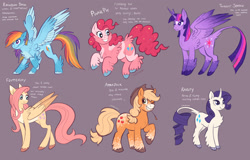 Size: 2048x1307 | Tagged: safe, alternate version, artist:churrokat, imported from derpibooru, applejack, fluttershy, pinkie pie, rainbow dash, rarity, twilight sparkle, alicorn, classical unicorn, earth pony, pegasus, pony, unicorn, alternate color palette, alternate design, alternate tailstyle, applejack's hat, applejacked, back fluff, blaze (coat marking), blonde mane, blonde tail, blue coat, blue eyes, body freckles, butt fluff, chest fluff, chubby, cloven hooves, coat markings, colored, colored belly, colored ears, colored eartips, colored hooves, colored horn, colored muzzle, colored wings, colored wingtips, cowboy hat, curly mane, curly tail, curved horn, determined look, eyelashes, facial markings, female, flat colors, fluffy, freckles, gradient ears, gradient horn, gradient wings, green eyes, hat, headcanon, height difference, horn, jumping, large wings, leg fluff, leg freckles, leonine tail, long horn, long legs, long mane, long tail, looking down, mane six, mare, mealy mouth (coat marking), motion lines, multicolored hair, multicolored mane, multicolored tail, muscles, narrowed eyes, one eye closed, orange coat, pale belly, partially open wings, physique difference, pink coat, pink eyes, pink mane, pink tail, ponytail, purple background, purple coat, purple eyes, purple mane, purple tail, rainbow hair, rainbow tail, redesign, ringlets, signature, simple background, smiling, smoldash, socks (coat markings), sparkly mane, sparkly tail, sparkly wings, splotches, spread wings, standing, star (coat marking), straight mane, straight tail, straw in mouth, tail, tail fluff, tallershy, text, thin, thin legs, tied mane, tied tail, twilight sparkle (alicorn), two toned wings, unicorn horn, unshorn fetlocks, wall of tags, wavy mane, wavy tail, white coat, white text, wide stance, wing fluff, wingding eyes, wings, wink, yellow coat