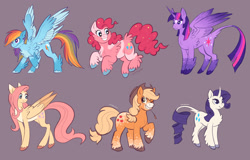 Size: 2048x1307 | Tagged: safe, alternate version, artist:churrokat, imported from derpibooru, applejack, fluttershy, pinkie pie, rainbow dash, rarity, twilight sparkle, alicorn, classical unicorn, earth pony, pegasus, pony, unicorn, alternate color palette, alternate design, alternate tailstyle, applejack's hat, applejacked, back fluff, blaze (coat marking), blonde mane, blonde tail, blue coat, blue eyes, body freckles, butt fluff, chest fluff, chubby, cloven hooves, coat markings, colored, colored belly, colored ears, colored eartips, colored hooves, colored horn, colored muzzle, colored wings, colored wingtips, cowboy hat, curly mane, curly tail, curved horn, determined look, eyelashes, facial markings, female, flat colors, fluffy, freckles, gradient ears, gradient horn, gradient wings, green eyes, hat, height difference, horn, jumping, large wings, leg fluff, leg freckles, leonine tail, long horn, long legs, long mane, long tail, looking down, mane six, mare, mealy mouth (coat marking), motion lines, multicolored hair, multicolored mane, multicolored tail, muscles, narrowed eyes, one eye closed, orange coat, pale belly, partially open wings, physique difference, pink coat, pink eyes, pink mane, pink tail, ponytail, purple background, purple coat, purple eyes, purple mane, purple tail, rainbow hair, rainbow tail, redesign, ringlets, signature, simple background, smiling, smoldash, socks (coat markings), sparkly mane, sparkly tail, sparkly wings, splotches, spread wings, standing, star (coat marking), straight mane, straight tail, straw in mouth, tail, tail fluff, tallershy, thin, thin legs, tied mane, tied tail, twilight sparkle (alicorn), two toned wings, unicorn horn, unshorn fetlocks, wall of tags, wavy mane, wavy tail, white coat, wide stance, wing fluff, wingding eyes, wings, wink, yellow coat