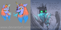 Size: 900x450 | Tagged: safe, artist:zeldaprincessgirl100, imported from derpibooru, opaline arcana, alicorn, pony, unicorn, bust, crown, dialogue, fangs, g5, glowing, glowing eyes, green sclera, horn, jewelry, misty brightdawn, redesign, regalia, slit pupils